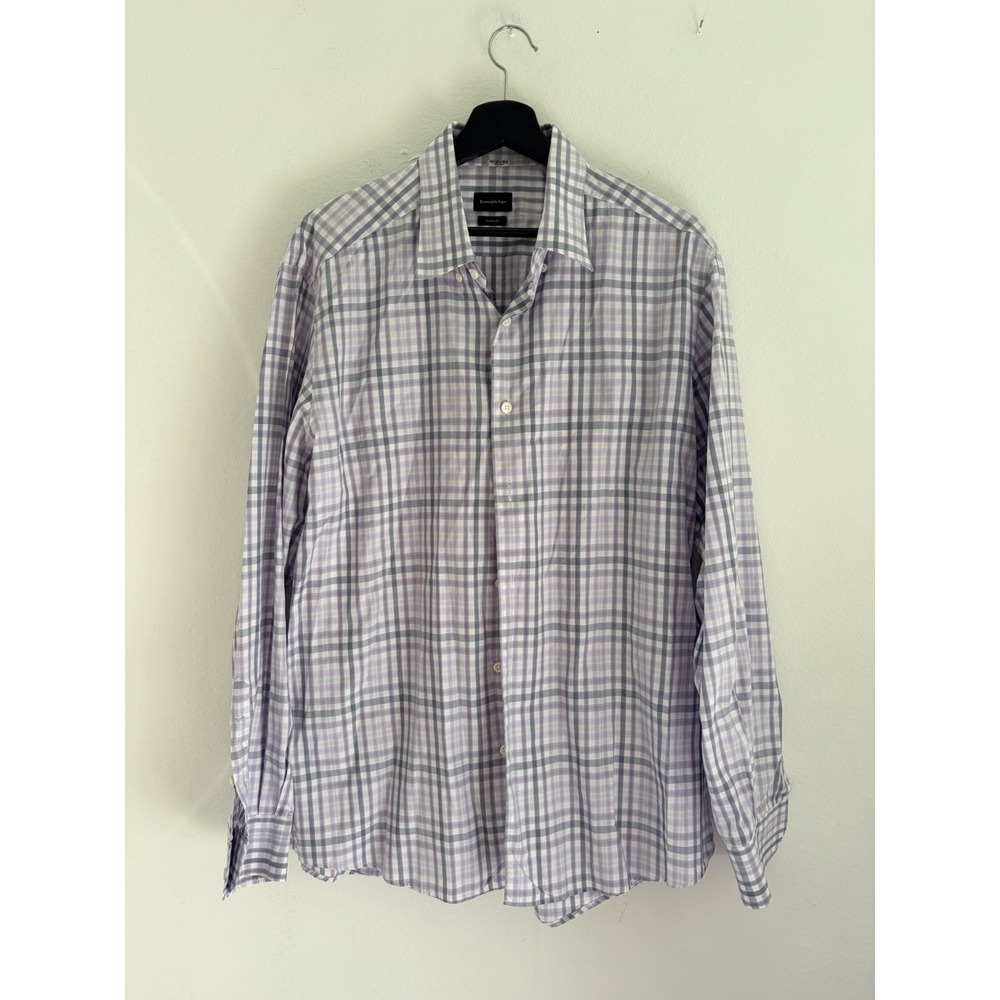 Ermenegildo Zegna Traveller Luxury Dress Shirt Men XL Purple Plaid Check Cotton